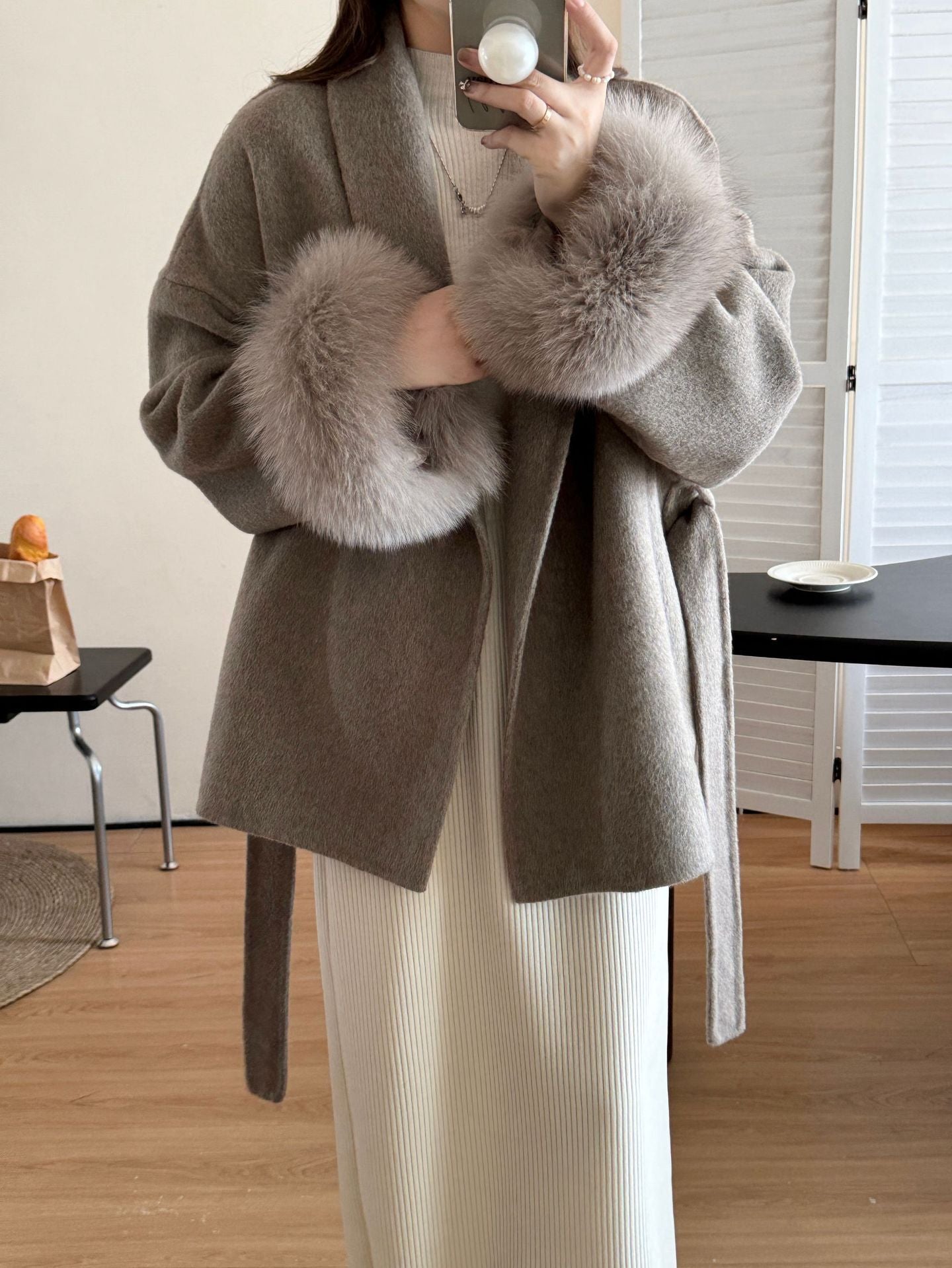 Double-faced cashmere coat with tie top