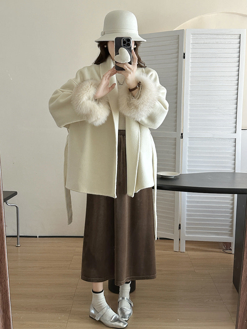 Double-faced cashmere coat with tie top
