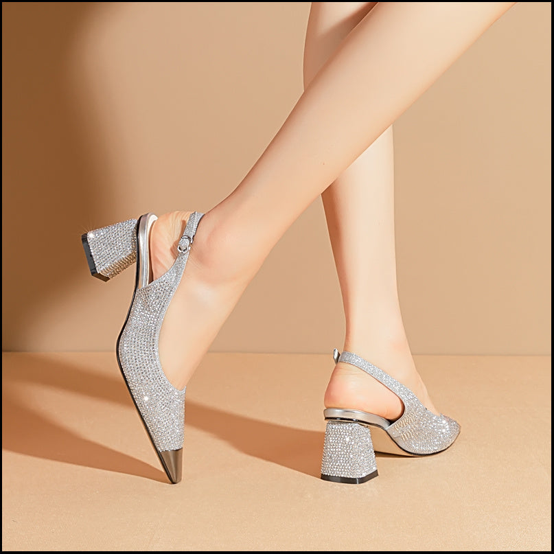 Rhinestone Mid-heel Toe Sandals Women's Chunky Heel Buckle