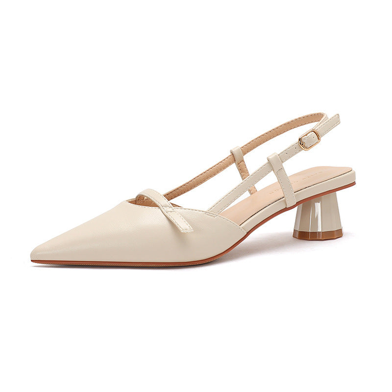 Women's low-heeled block heel pointed leather sandals
