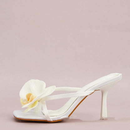 White Flower Decorative Flip-toe Square Toe High Heel Sandals