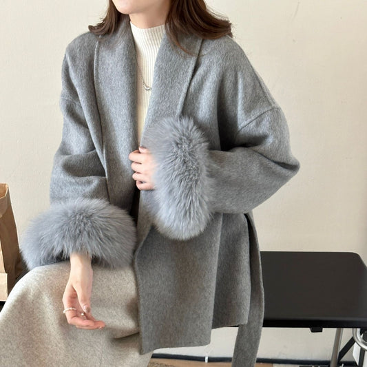 Double-faced cashmere coat with tie top