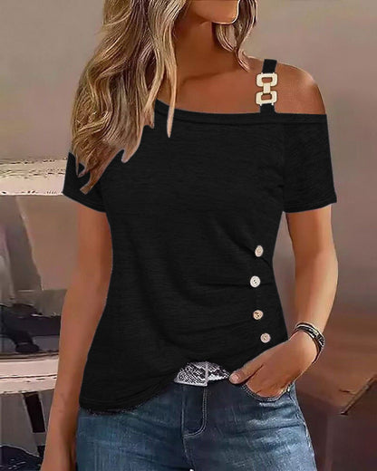 Simplicity Short-sleeved Metal Buckle Printed Top T-shirt