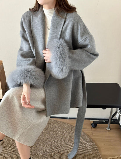 Double-faced cashmere coat with tie top