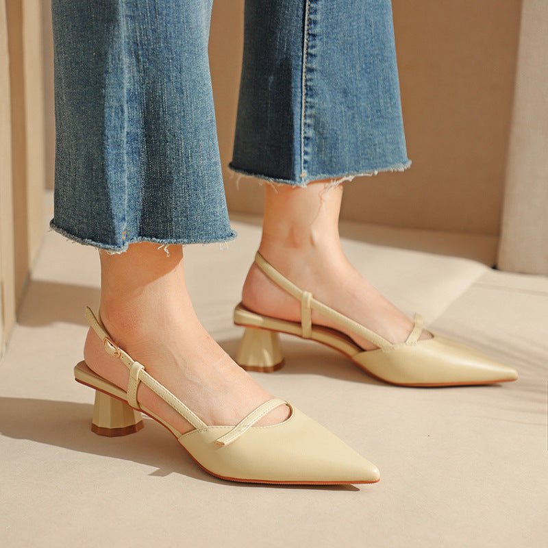 Women's low-heeled block heel pointed leather sandals