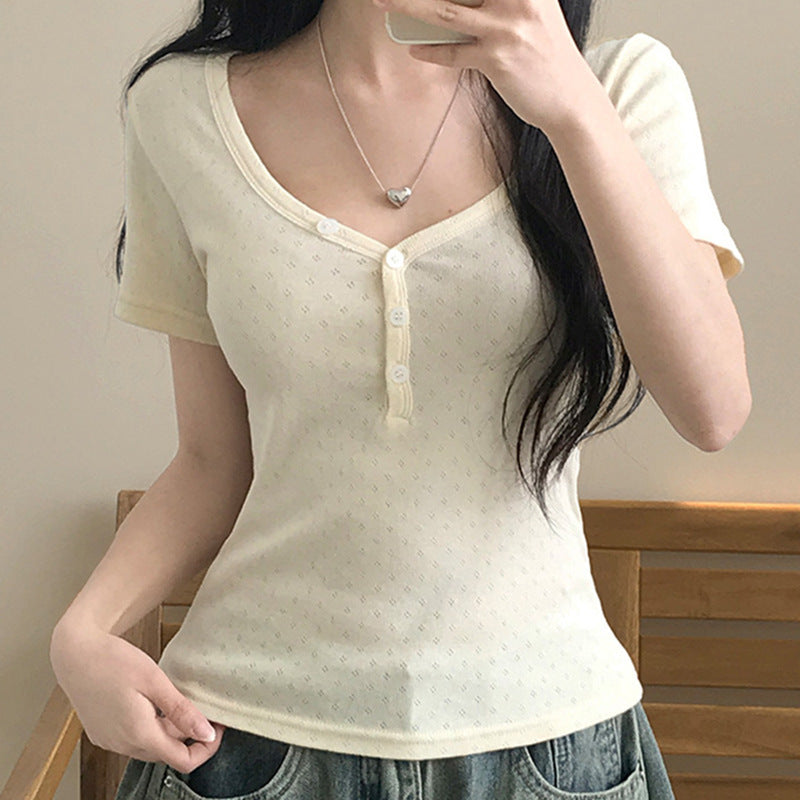 V-neck double-breasted short sleeves slim fit