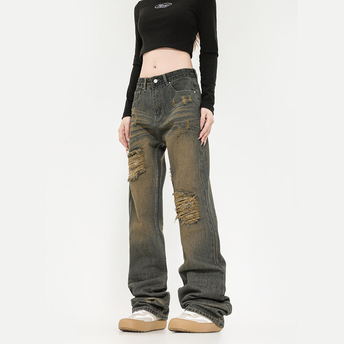 Retro ripped straight-leg high street jeans