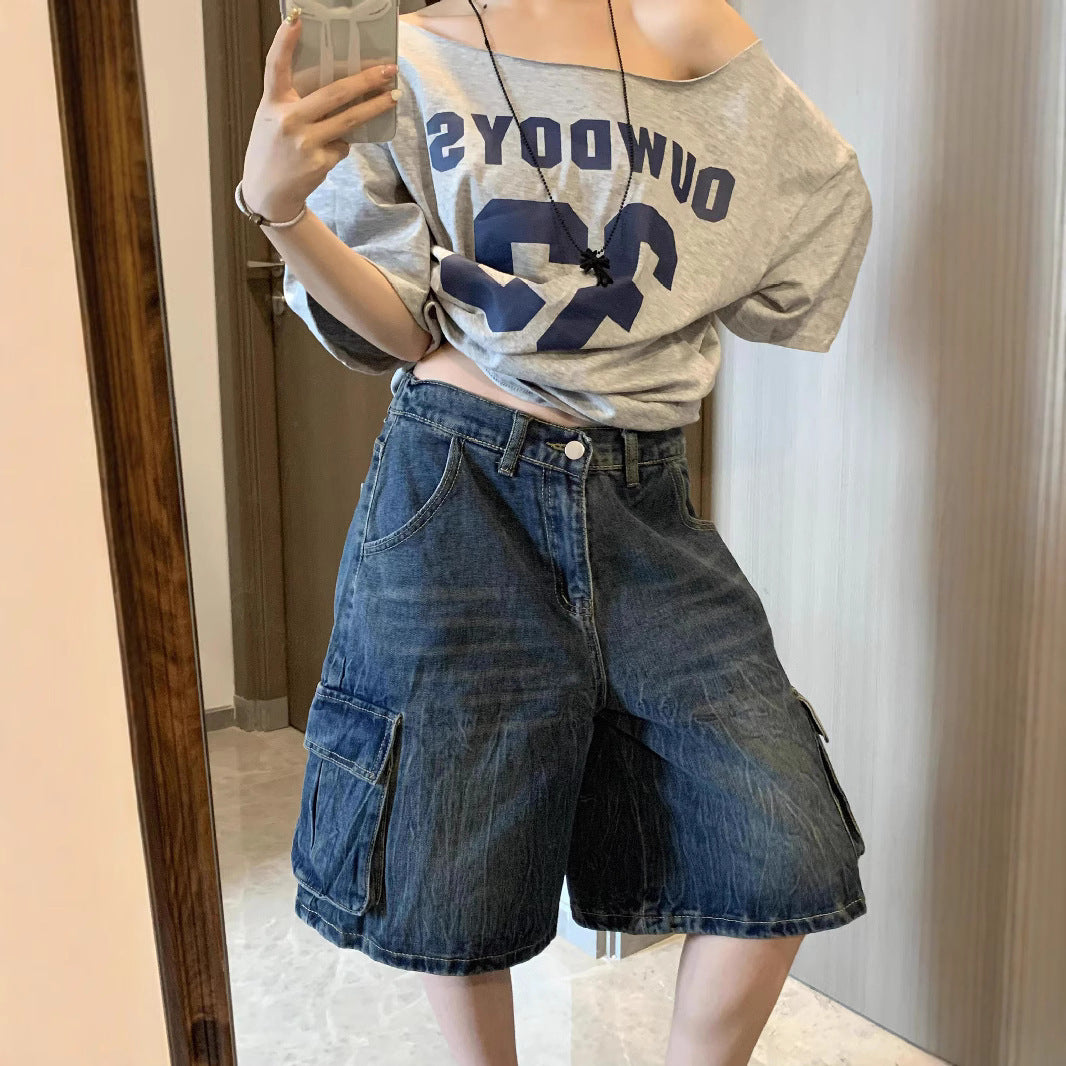 Off-shoulder short-sleeved loose simple top