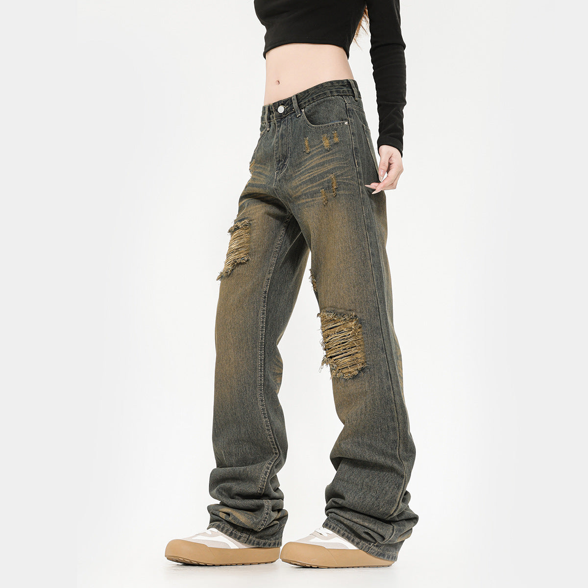 Retro ripped straight-leg high street jeans