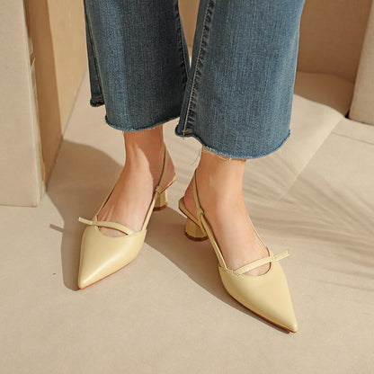 Women's low-heeled block heel pointed leather sandals