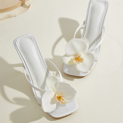 White Flower Decorative Flip-toe Square Toe High Heel Sandals