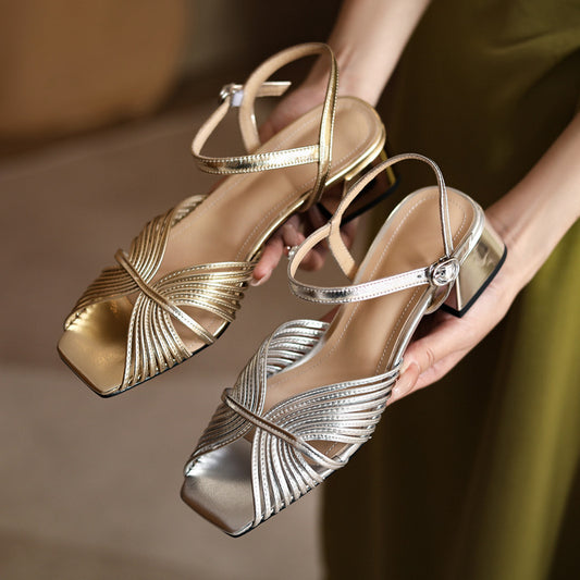 Block heel mid-heel square toe open-toe buckle sandals