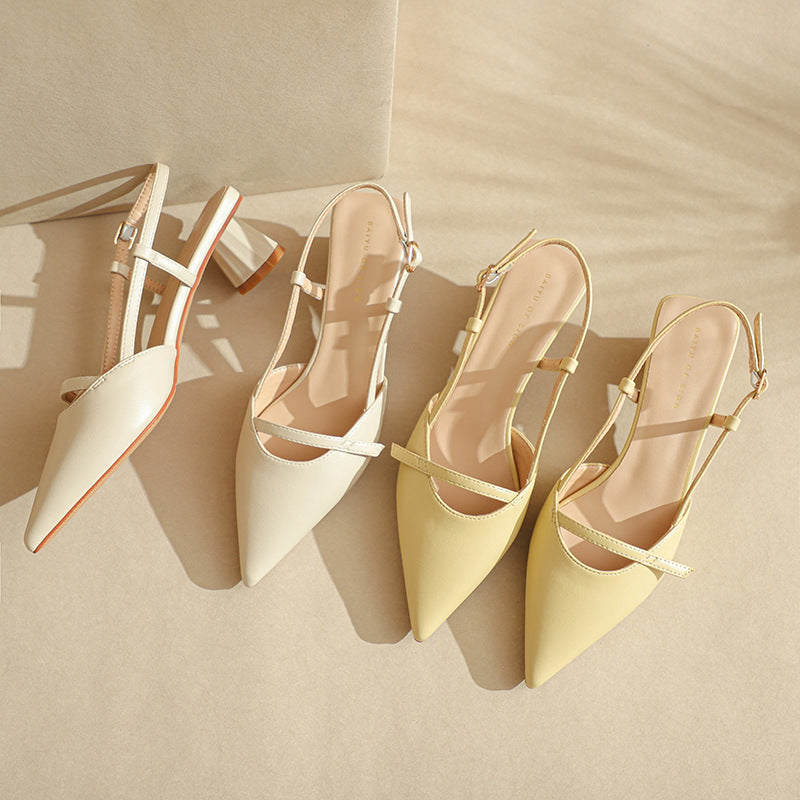 Women's low-heeled block heel pointed leather sandals