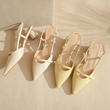 Women's low-heeled block heel pointed leather sandals