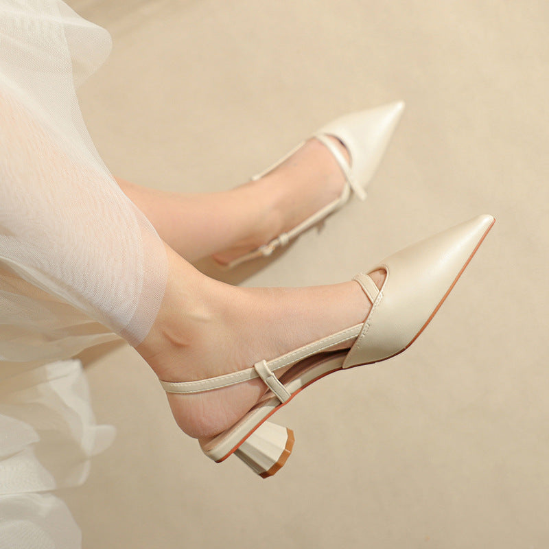 Women's low-heeled block heel pointed leather sandals