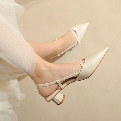 Women's low-heeled block heel pointed leather sandals